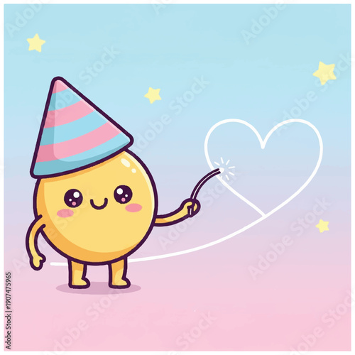Happy Yellow Cartoon Character with Party Hat.
