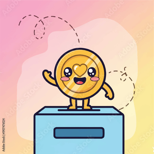 Happy Cartoon Coin Character on Box.