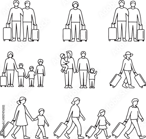 family journey vector line art set showing people with luggage