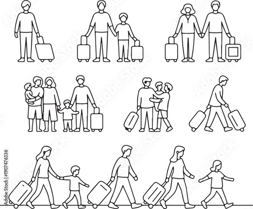 family airport vector icons people pulling wheeled suitcase