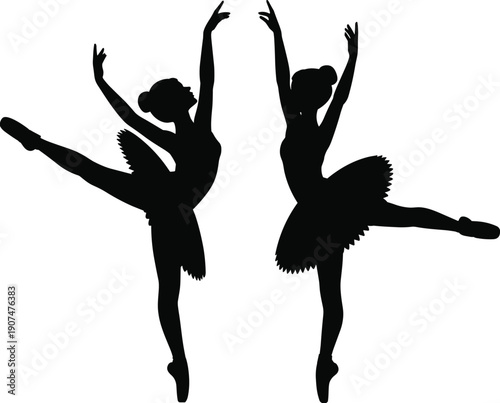 Ballet ballerina dancer silhouettes performing graceful pose vector illustration classical dance duet black flat design isolated background