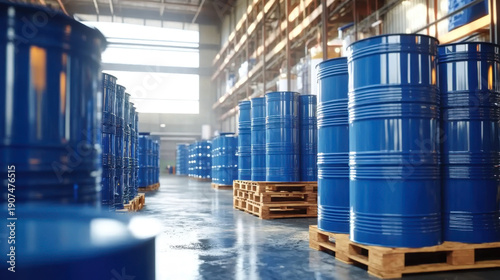 Blue barrel drum on the pallets contain liquid chemical in warehouse prepare for delivery to customer by made to order.