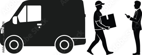 Delivery van courier handing package to customer silhouette vector illustration logistics shipping service transport business parcel distribution concept