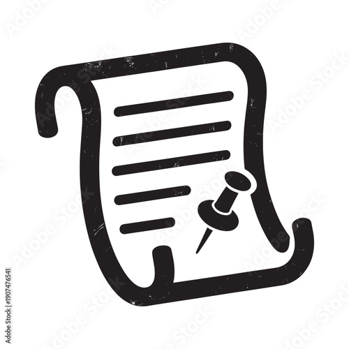 Black and white illustration of a scroll with a pin attached