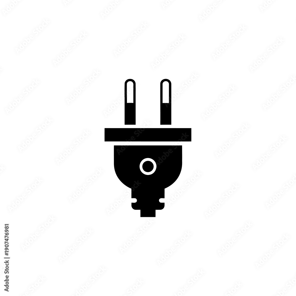 Obraz premium Black silhouette vector icon of a two-pin electrical power plug. This clean graphic symbol represents electricity, energy, and connection for technology and interface designs