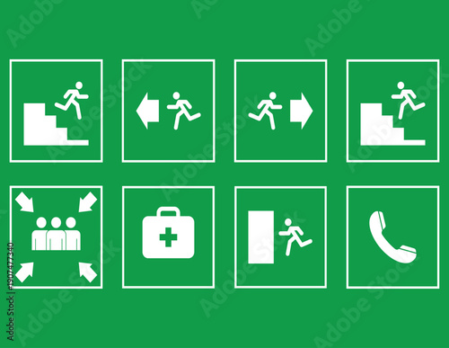 Vector set of emergency exit, first aid, assembly point, and safety pictograms on green background.