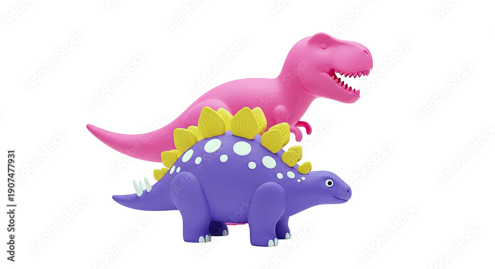 Naklejka premium Cute Toy Dinosaurs: Purple Stegosaurus and Pink T-Rex