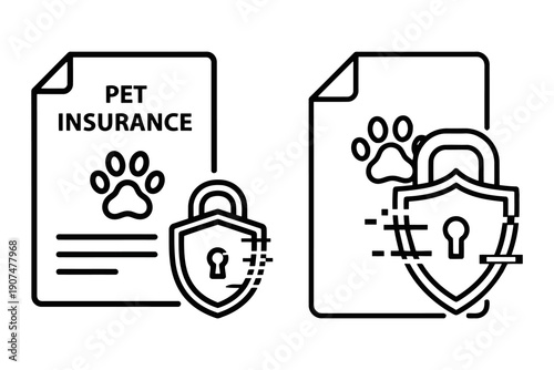 Pet insurance policy document icons with security shield and paw print for veterinary service websites
