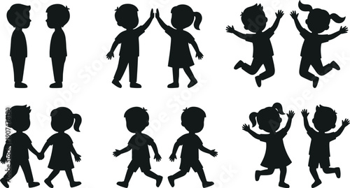 Collection of Cute Children Silhouettes in Various Dynamic Poses Including Jumping Walking Holding Hands and High Five Isolated on White Background for Family and Education Projects