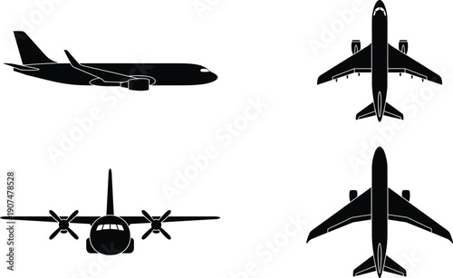 Professional Black Silhouette Set of Commercial Airplanes and Propeller Aircraft in Various Angles for Aviation Travel Tourism Transportation and Aerospace Industry Graphic Design Projects