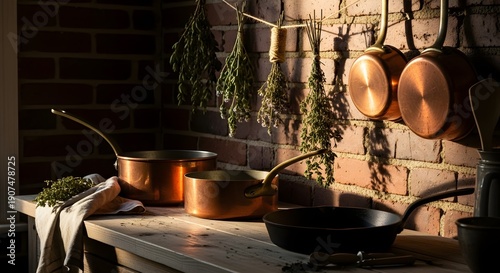 Copper pots hanging on brick wall with fresh herbs drying nearby