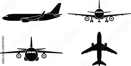 Set of Aircraft Silhouettes Featuring Commercial Airplanes Passenger Jets and Private Turboprops for Aviation Industry Travel Logistics and Aerospace Engineering Design Projects Globally