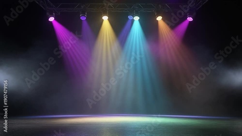 An exhibition stage with a brilliant lighting effect on a dark background. Colorful smoke background against dark background.