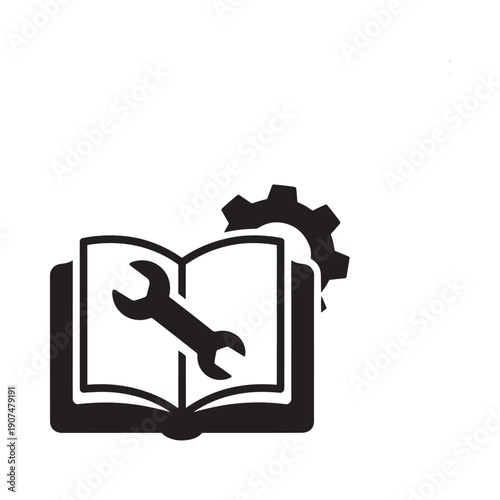 An open book with a wrench and gears representing technical documentation