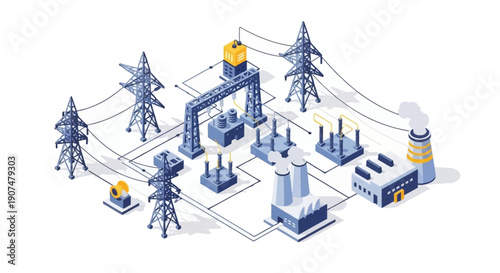 Isometric power plant and electricity grid with power lines, transformers, and factories on an isolated white background.
