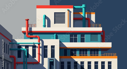 Modern industrial building with pipes and ventilation systems, representing a factory or power station, in a bright studio.