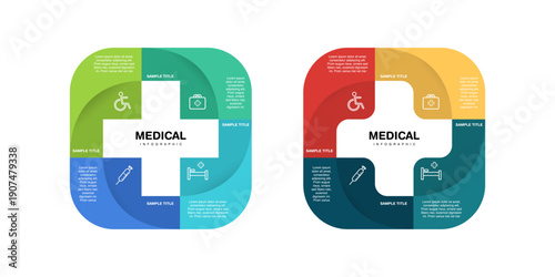 Vector plus infographic set, medical diagram, healthcare graph, hospital presentation, emergency chart. Medicine doctor logo. Concept with 4 options, parts, steps, processes. editable vector