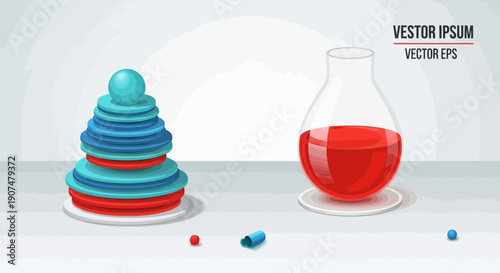 Scientific Laboratory Flask with Red Liquid and Colorful Pills for Medical Research on Isolated White Background