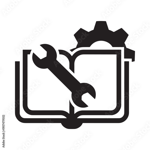 Manual with wrench and gears representing repair instructions or technical guides