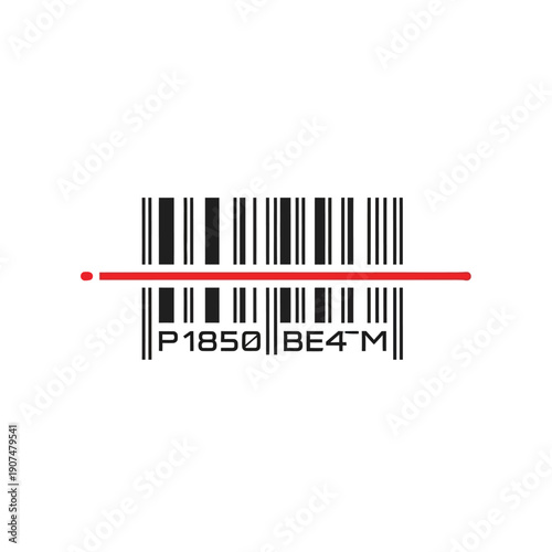 A red laser line scanning across a black and white barcode with alphanumeric characters displayed below