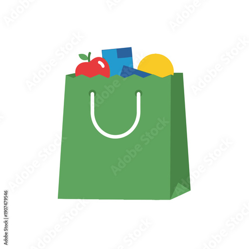 Green shopping bag filled with various groceries, symbolizing commerce and consumerism, with a stylized design