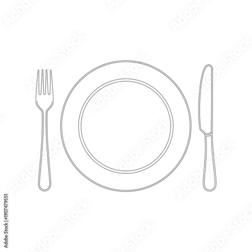 A simple line art illustration of a dinner plate with a fork and knife, symbolizing dining and meals