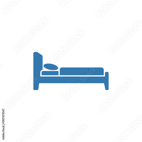 A simple blue icon of a bed with a pillow, isolated on a white background, representing a place for rest and sleep