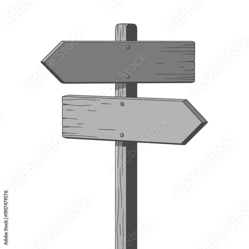 A clear wooden signpost with two arrows pointing in opposite directions on a white background, indicating a choice of direction