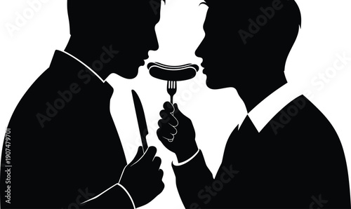 Two Men Silhouette Sharing a Hot Dog on a Fork While Dining Together Isolated on White Background for Restaurant Promotion and Gay Couple Relationship Concept