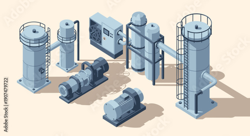 Isometric Industrial Machinery and Equipment in a Factory Setting, with Pumps, Tanks, and Motors on an Isolated Light Background, showcasing Manufacturing Technology.