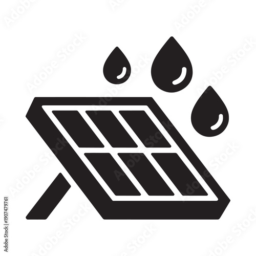 A black and white icon of a solar panel with water droplets