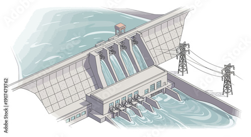 Isometric Hydroelectric Power Dam Generating Electricity in a Natural Landscape with Flowing Water and Power Transmission Lines, Clean Energy Production.
