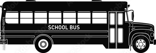 Side view black silhouette of a classic American school bus isolated on white background for educational transport, student safety, and back to school SEO.