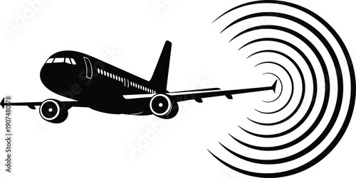 Black silhouette of a commercial airplane flying with circular radio waves or radar signals emitting from the wing tip, isolated on white background for aviation technology SEO.