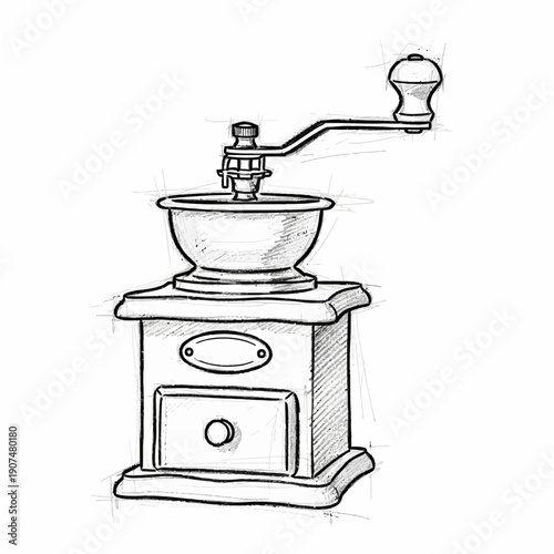 Vintage coffee grinder sketch on white background