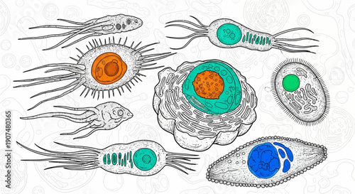 Detailed illustration of various microorganisms, bacteria, and cells on an isolated white background