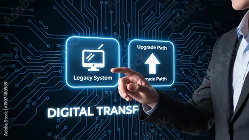 Concept of digital transformation shows upgrading legacy systems. Text and circuits over a dark background