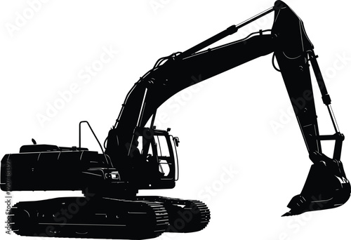 Black silhouette of heavy hydraulic excavator for construction industry earthmoving machinery and civil engineering project concept isolated on white background for creative graphic design