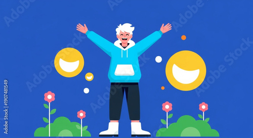 International Day of Happiness Vibrant illustration of a joyful person with arms outstretched in a blue background with yellow circles and pink flowers