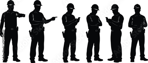 Set of black silhouettes featuring male construction worker or engineer in hard hat using smartphone and pointing for industrial site management and labor concept