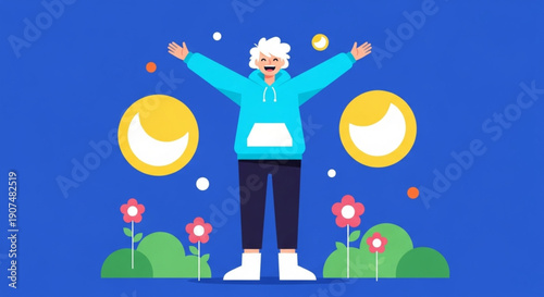 International Day of Happiness Happy individual with arms wide open, embracing a new day. A vibrant illustration symbolizing joy, optimism, and fresh beginnings amidst nature