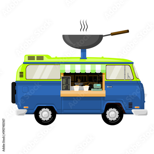 Hot Urban Wok Asian Chinese Food Take Away Market Van Truck Cartoon Flat Illustration Icon Vector