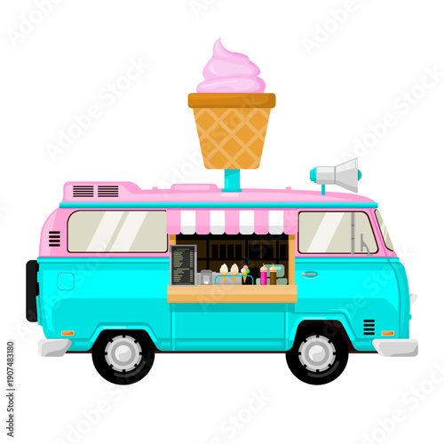 Urban Street Frozen Ice Cream Cold Take Away Market Van Truck Cartoon Flat Illustration Icon Vector