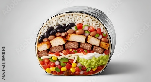 Professional food photography: large Chipotle-style burrito cross-section isolated white.