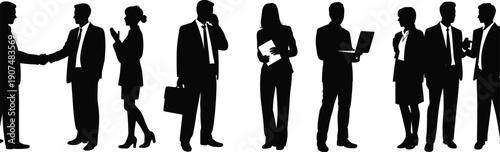 Flat vector illustration of business professionals silhouettes engaged in workplace communication teamwork collaboration corporate meeting professional interaction discussion group scene