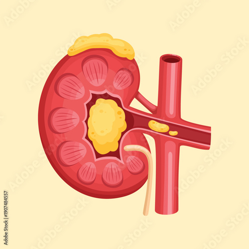 Human kidney illustration highlighting kidney stones and internal structure for medical diagnosis health and urology concepts.