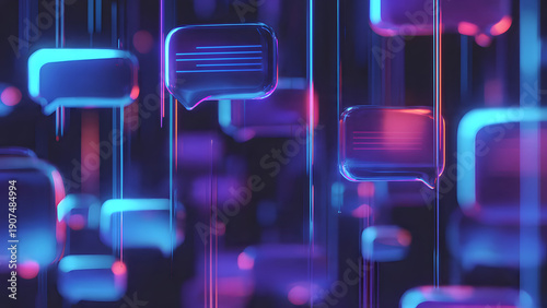 Neon speech bubbles suspended in a futuristic digital landscape viewed from a dynamic angle