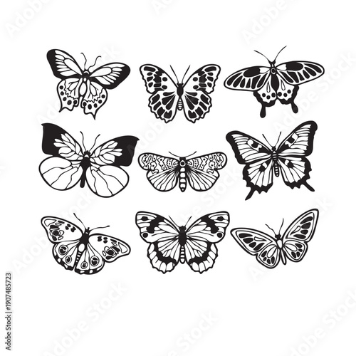Set of hand-drawn butterfly silhouettes and line art illustrations. Vector collection of various butterfly shapes and species isolated on white background. Minimalist black and white insect icons.