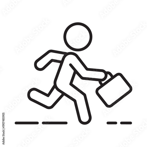 Simple line drawing depicts a person urgently running with a briefcase
