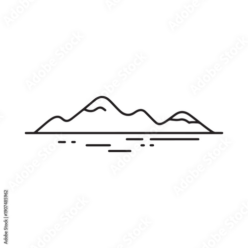 Minimalist line drawing of a mountain range and water reflection below